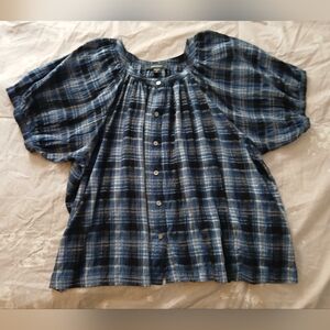 NWT! KAREN KANE Navy and White Plaid PEASANT DTYLE blouse